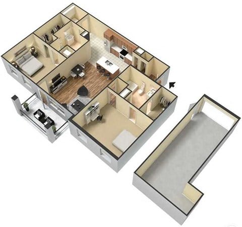 Floor plan for 2 beds, 2 baths, 1217 sqft